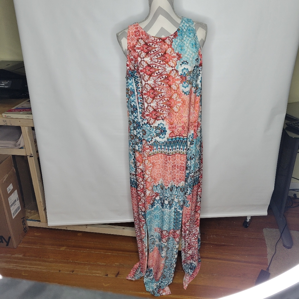 Sabrina Blue NWT Maxi Dress 2 Slit Front 1 Button Back Teal/red/orange Size 1X